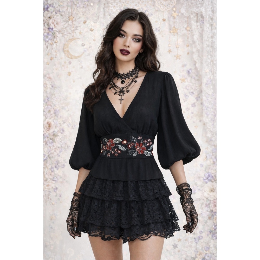 Whimsigoth Blouse Womens S Black Fairy Grunge Floral Boho Dark Coquette Romantic